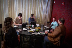 Researcher Lea Urdiales, Audio Engineer Dylan Babineaux, Christiaan Mader, Warren Vandever and James Brown, Out to Lunch at Tsunami Sushi