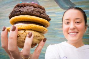 Caroline Merryman and her thick and gooey (top to bottom) Chocolate Cake, S'mores Sandwich, and Cookies and Cream