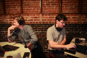 Host Christiaan Mader and audio engineer Dylan Babineaux at Out to Lunch at Tsunami Sushi in downtown Lafayette